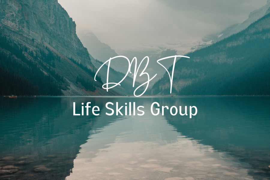 Text: DBT Life Skills Group; background: mountains reflected on a lake